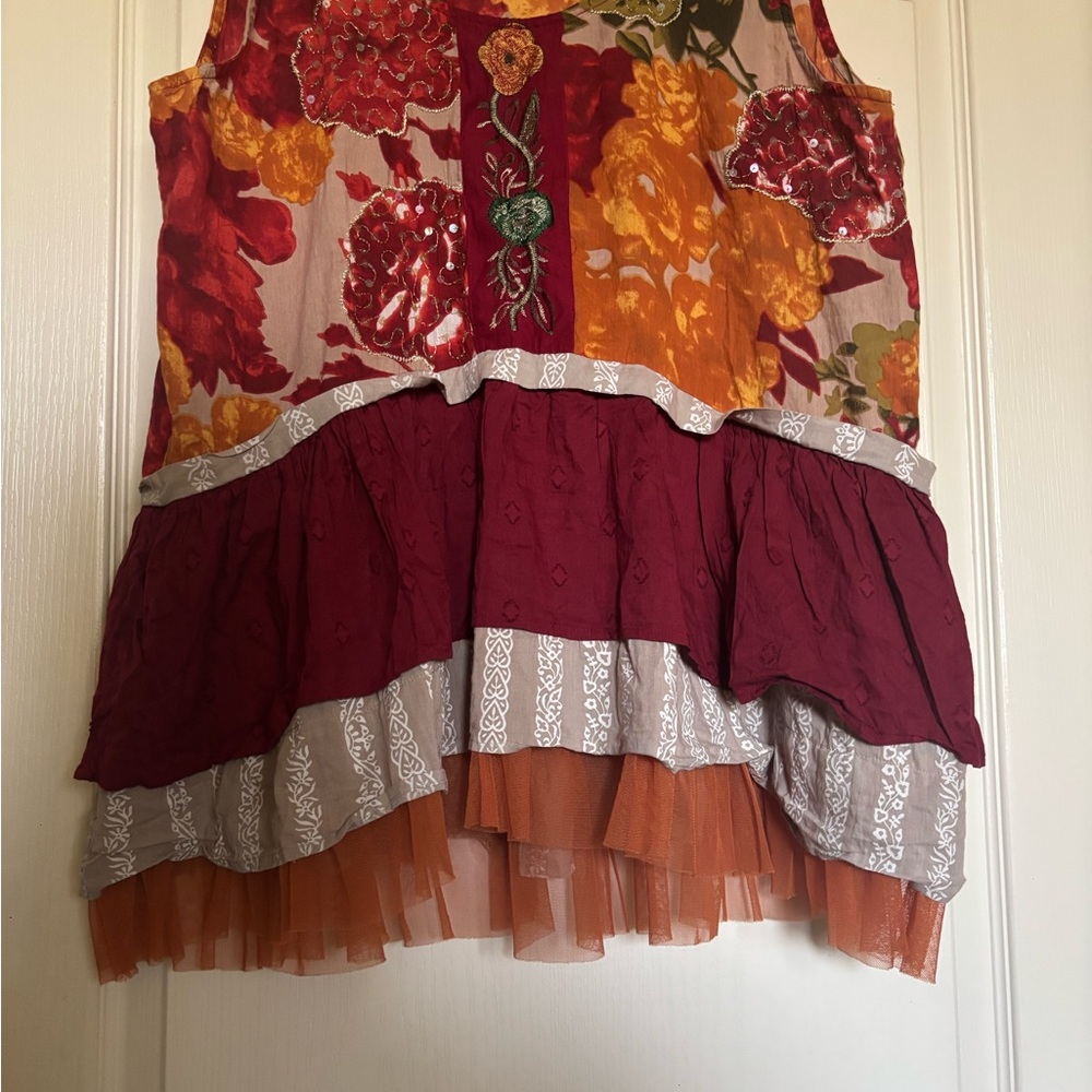 Boho Floral Tiered Ruffle Tunic in Burgundy and Mustard